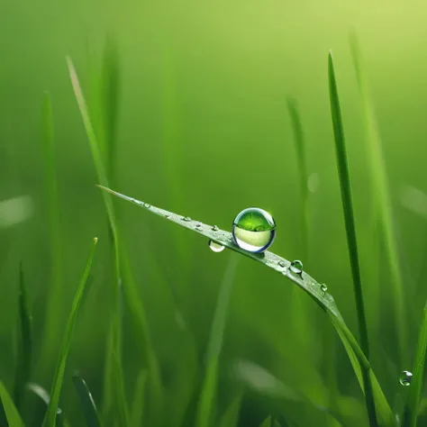 The simplicity of a single dewdrop resting on a blade of grass, minimalist macro photograph that celebrates the beauty of nature, high quality, 8k quality