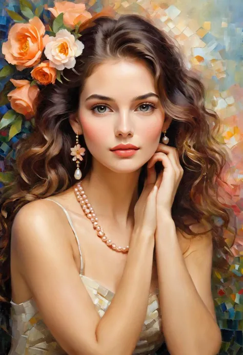 Create a portrait of a young woman with a romantic and impressionistic touch. She should have delicate features, with soft, dark eyes and full lips. Her hair is styled elegantly, with loose strands gently framing her face and a few colorful flowers woven into her dark, wavy hair. The portrait is characterized by a unique, mosaic-like texture, reminiscent of light brush strokes, giving the appearance of a painting with a blend of abstract and figurative elements. The woman's skin should have a luminous quality, with subtle shades of peach and rose, contrasting with a cool, blurred background. She is adorned with classic pearl earrings and a matching necklace, adding a touch of timeless grace. Her pose is thoughtful, with her hand gently resting against her cheek, conveying a sense of introspection and poise. <lora:xl_more_art-full_v1:0.5>