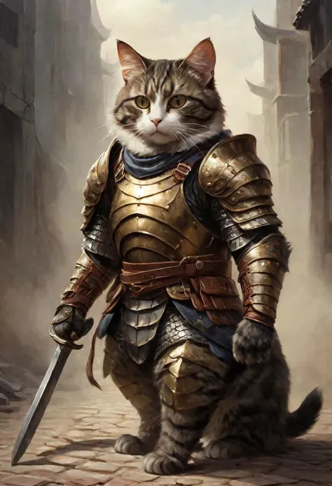 a masterpiece illustration of a cat equipping with heavy armor outfit, embarking on a journey to become the cat warrior, realistic,