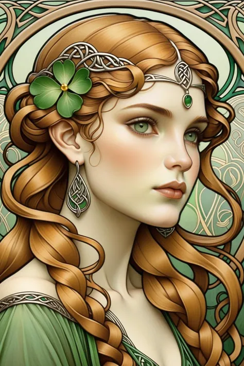beautiful Irish lass, ((art nouveau:1.4)), highly detailed, intricate detail, ultra detailed, Celtic knots, Celtic, perfect face,