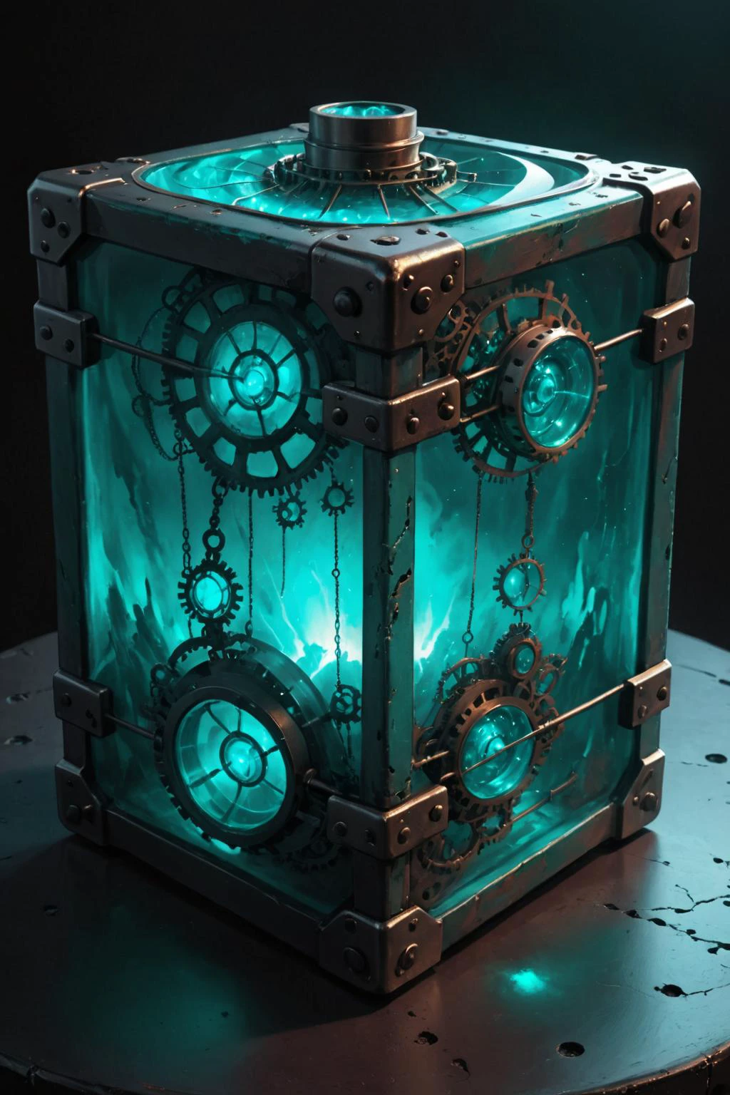 contained color, Darkness Unleashed inside of a square steampunk container with (teal tinted glass), <lora:Contained_Color_SDXL:1> <lora:Painted World-000006:0.3> painted world, Digital art CG shading
