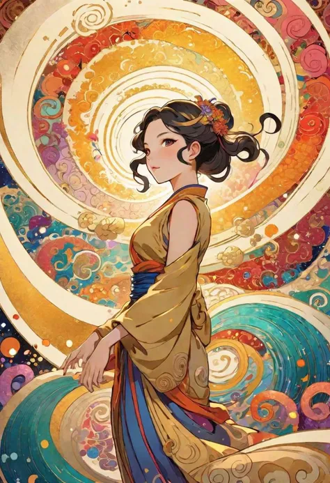 A mesmerizing gold and colorful spiral swirls around an enchanting anime-style woman, creating the backdrop of this vibrant poster inspired by Hiroshi Yoshida's artwork.