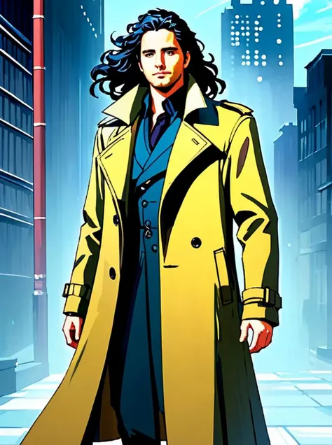 Anime style portrait of a male character with long, curly black hair, wearing a flowing long trench coat. The character should exude a sense of mystery and depth, with the trench coat adding to his enigmatic presence. The overall composition should be dynamic, with the coat perhaps billowing as if caught in a gentle breeze. Include details that suggest a storyline or character background, like subtle accessories or emblems that hint at his role or abilities, by artists renowned for their expressive character designs and engaging anime aesthetics, cinematic composition, 4k, 8k,