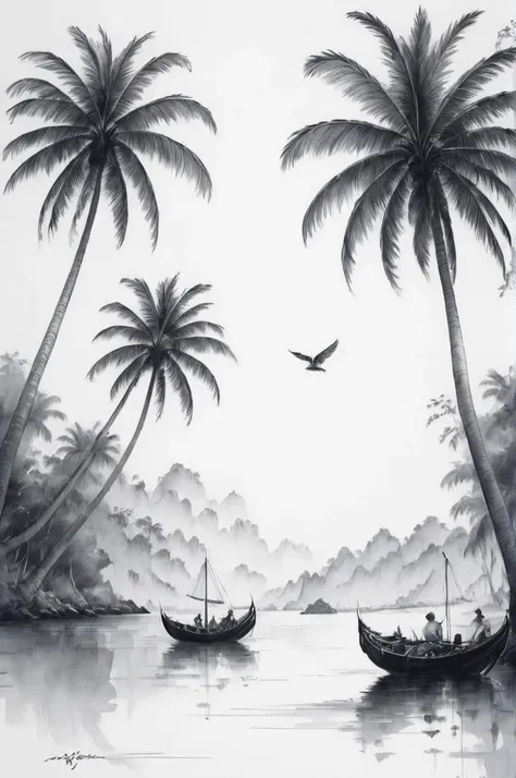 score_10, score_9, score_8_up, score_7_up, score_6_up, In a stunning monochrome pencil sketch, reminiscent of works by artists like Leonardo da Vinci and Rembrandt, an island paradise unfolds. Towering coconut trees dominate the landscape, their graceful fronds swaying gently in the breeze. Birds, reminiscent of Audubon's masterpieces, glide gracefully across the sky. The artist's expert shading technique brings depth and realism to the scene, capturing the essence of tropical tranquility. Each stroke of the pencil conjures a sense of wonder, inviting viewers to immerse themselves in this serene oasis, extremely detailed, grain,very low saturation,  <lora:pencil_style:1>,  <lora:SDXL_Dices_Mega_Detail_v1:1>, Paistaking attention to details