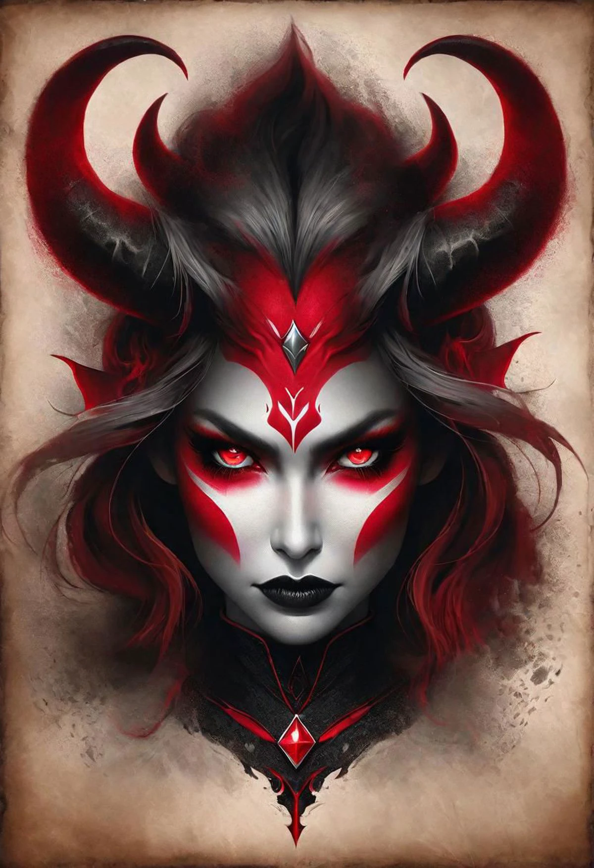beautiful, masterpiece, best quality, in the style of nicola samori, an elegant demon woman, hauntingly abstract, shifting textures, grayscale, photorealism, high resolution, RageStyle, drawn on parchment with black and red charcoals, symmetry, cowboy shot, vignette