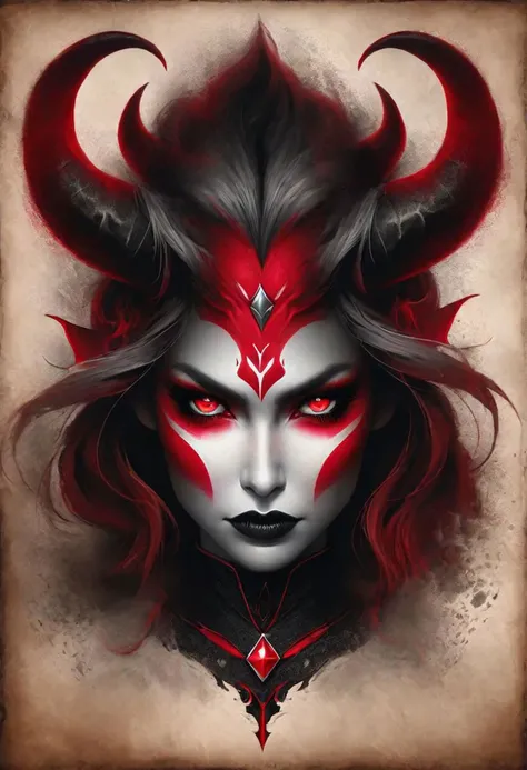 beautiful, masterpiece, best quality, in the style of nicola samori, an elegant demon woman, hauntingly abstract, shifting textures, grayscale, photorealism,  high resolution, RageStyle, drawn on parchment with black and red charcoals, symmetry, cowboy shot, vignette
