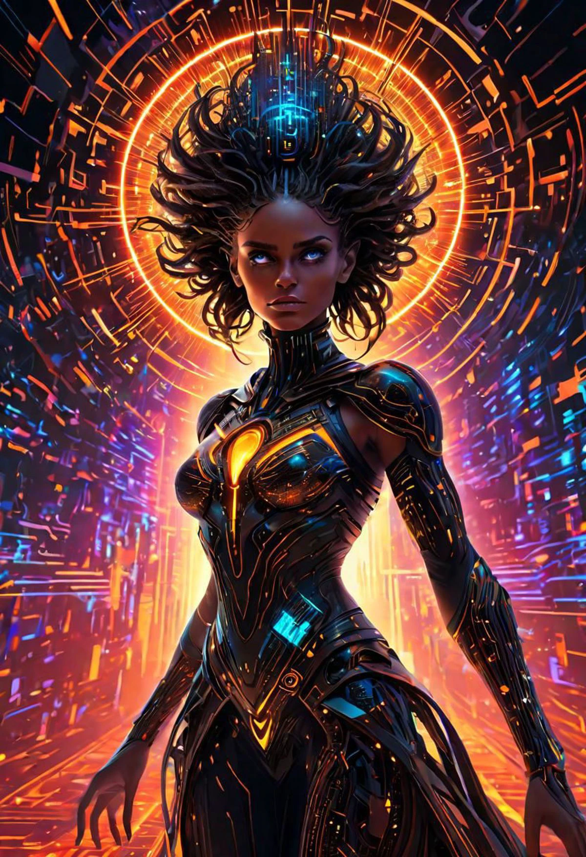 Cinematic Lighting the muse of digital generative art, divine supernatural being, otherworldly beauty, equanimous, in the background there is an abstract motif of digital code and glitch aesthetic, she manifests from the void of diffusion, infused with photonic energy, thick textured paint, neat brushwork, intricately detailed, true masterpiece, 8k, hdr, vibrant neon colors fused with pastel tones, minimalist, 80s vibe, painterly quality OverallDetail