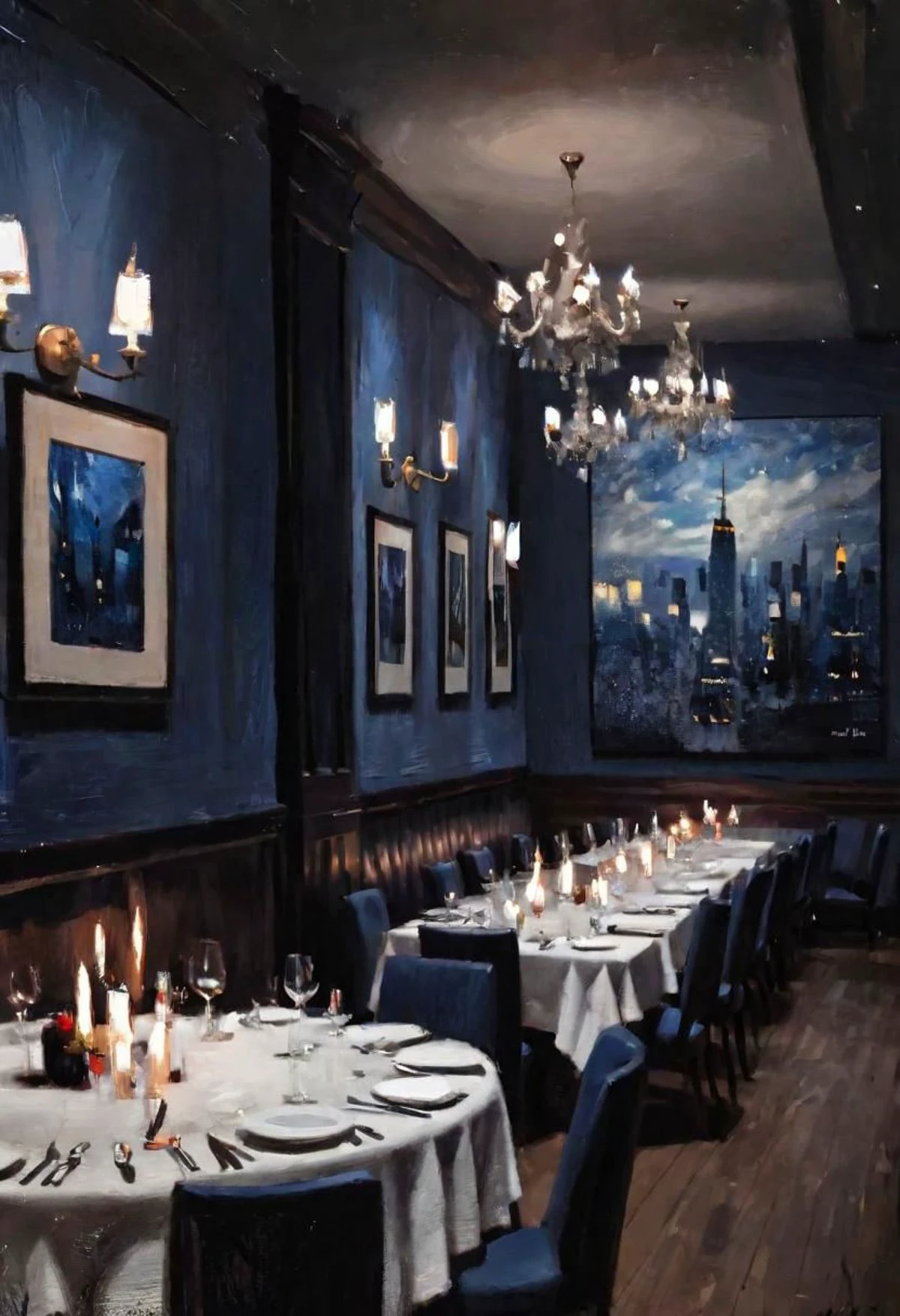 (impressionistic realism by csybgh) The interior of a high-end restaurant in New York, haute cuisine, minimalistic art on the wall, very exclusive, uptight and expensive, beautiful tablesetting, candlelit, blue and gray colors, perfect objects, masterpiece, intricate details, highly detailed, 8k, impasto painting, rough brushwork, palette knife painting, visible canvas texture