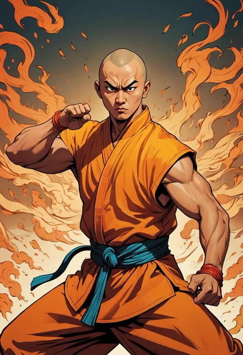 Comic style, a fierce shaolin monk, minimalist, insanely detailed, 8k, masterpiece, vibrant vivid colors