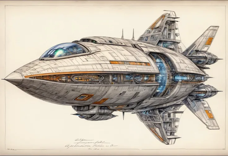 Pencil sketch, an engineer's drawing of a futuristic spaceship, symmetrical design, highly detailed, technical drawing, masterpiece, hdr, 8k, intricate details, excellently shaded, insane attention to detail, hyperrealistic, watercolor shaded coloring of the ship, 3d perception