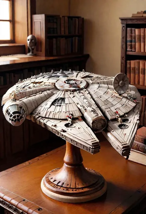 woodfigurez, mfalcon millenium falcon carved from wood displayed on a metal stand on a shelf in a hobbit's study, next to leather bound novels