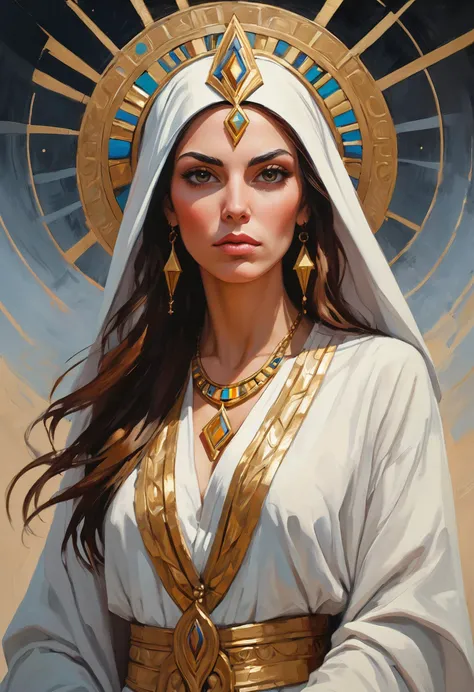 Acrylic painting of a beautiful woman, high priestess, 8k, hdr, masterpiece, insanely detailed, minimalist composition, speed paint art by (Greg Rutkowski), classical art, dynamic palette knife technique