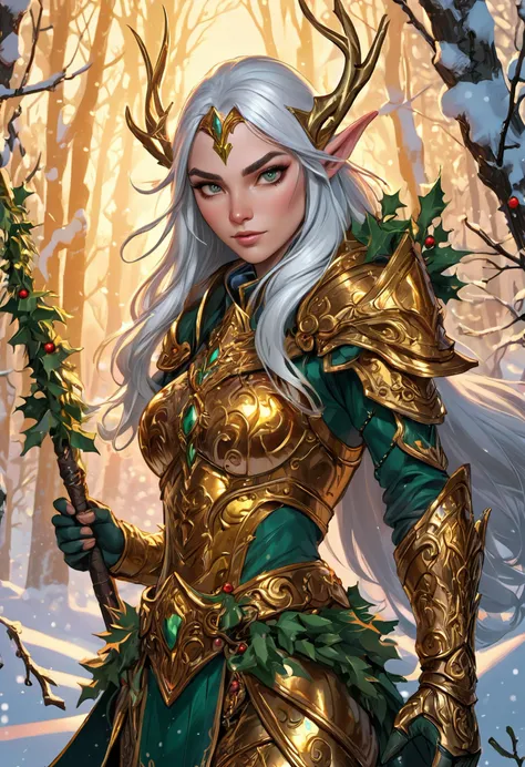 Hyperdetailed comic style, mid closeup, a mysterious arctic Elven warrior in intricately detailed golden armor made out of mistletoes, mercenary of Santa Clause's secret mercenary squad, savior of Christmas, wielding magical weaponry, mistletoe accents, highly detailed, cinematic, 8k, masterpiece, rich vivid colors with deep darks, hdr, award winning art, art by WLOP AND Artgerm AND Greg Rutkowski, ArtStation