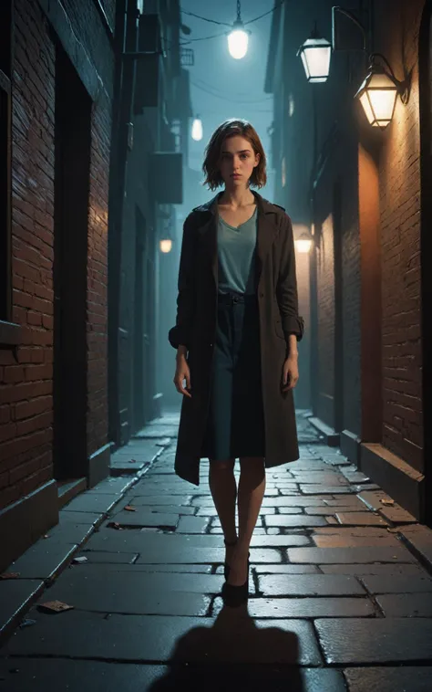(clothed, masterpiece, wide angle, cinematic establishing shot, young adult european woman, highly detailed background:1.2), volumetric lighting, subsurface scattering, dynamic pose, (special effects, color grading, fantasy aura), (Shadow Lurker:1.4), Hidden in urban alleys, partially obscured, eerie silhouette