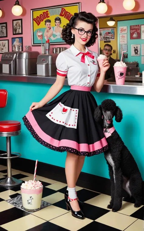 bustling 1950s American diner, neon lights, jukebox in the corner, ((eye-catching poodle skirt)), classic knee-length, vivid pink with a playful, embroidered black poodle design, fluffy petticoat underneath, paired with a crisp, white blouse, short sleeves, delicate pearl buttons, ((young adult woman)), Caucasian, brunette ponytail, bouncy curls, cherry red lipstick, cat-eye glasses with rhinestone accents, white bobby socks, black saddle shoes, holding a milkshake with a striped straw, surrounded by vintage posters, checkerboard floor, nostalgic and vibrant atmosphere, capturing the essence of exuberance and 1950s fashion