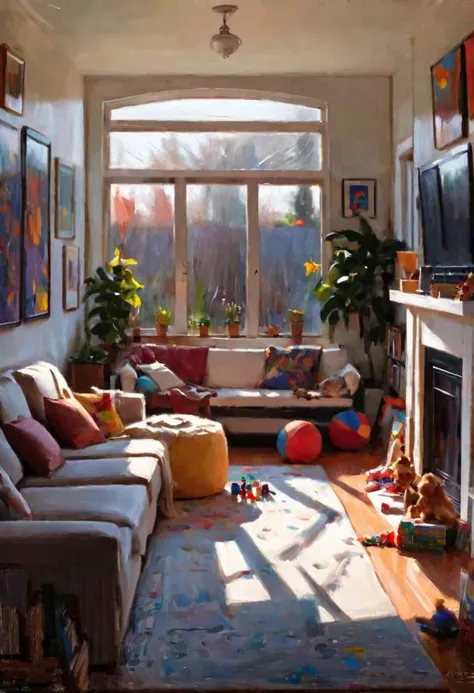 (impressionistic realism by csybgh) The interior of a sun room in a modern family home, a cozy living room with the tv on, toys are on the ground, books are open on the table, colorful art on the wals, white walls, comfortable couch,   traces of a family life, beautiful sunlight shines through the window, doors open to a lush garden,  perfect objects, masterpiece, intricate details, highly detailed, 8k, impasto painting, rough brushwork, palette knife painting, visible canvas texture