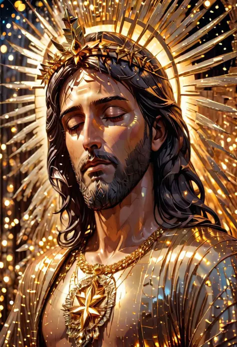 abstract portrait of jesus christ made out of pieces of gold that look like glass,  gldnglry surrounded by shimmering fairy lights, he has his eyes closed, he looks calm and serene, he brings peace and hope, hdr, intricate details, masterpiece, highly detailed, 35mm photograph, kodachrome, dslr, sharp focus