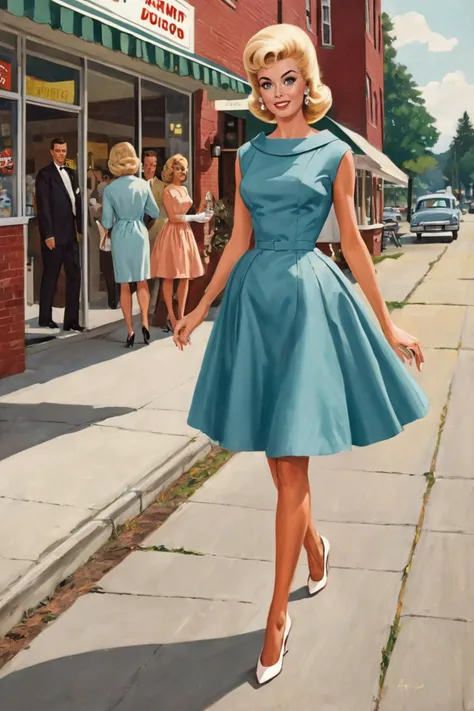 ((1960)), magazine illustration, (style of art frahm), 20 year old Donna Douglas , au courant 1960s-color housewife flare-skirted dress and hairstyle and high heel pumps, is walking on the sidewalk past a drugstore in Vermont, September