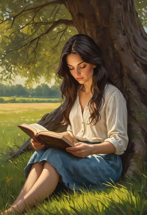 Oil on canvas, Dutch Masters artwork, a beautiful brunette is sitting next to a tree in the grass reading a book, she is at peace with herself and the world, thick textured paint, loose brushwork, intricately detailed, true masterpiece, 8k, hdr
