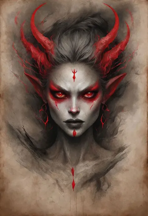 beautiful, masterpiece, best quality, in the style of nicola samori, an elegant demon woman, hauntingly abstract, shifting textures, grayscale, photorealism,  high resolution, RageStyle, drawn on parchment with black and red charcoals