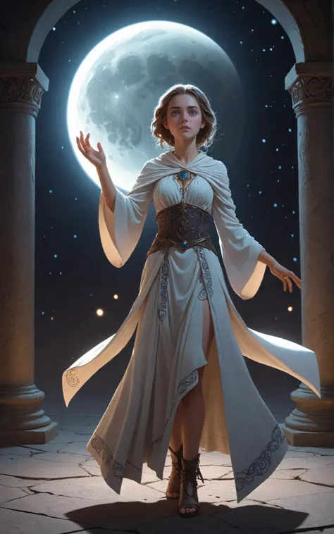 (clothed, masterpiece, wide angle, cinematic establishing shot, young adult european woman, highly detailed background:1.2), volumetric lighting, subsurface scattering, dynamic pose, (special effects, color grading, fantasy aura), (Lunar Seer:1.4), (Small Perky breasts:0.81), Cratered moon, prophetic scrolls, lunar light, starlit mantle