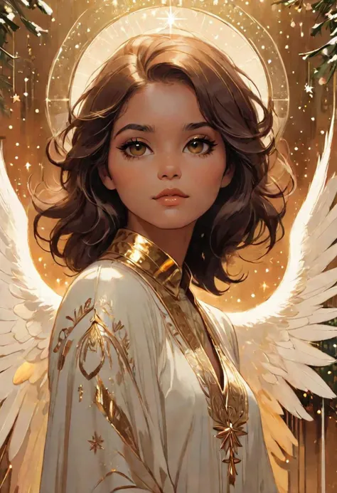 Illustration, minimalist, a beautiful angel, 70s vibe, Christmas spirit, ethereal being, gldnglry, masterpiece, highly detailed, ((art by Casey Baugh))