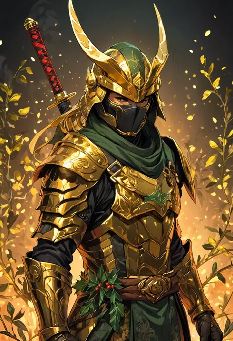 Graphic Novel AND clean realistic anime style, sci-fi themed, a mysterious mercenary clad in gold plated digital armor, pattern woven out of golden mistletoe, legendary warrior who has trained with a forgotten ninja clan, savior of Christmas, he wields the deadly misteloe katana forged in the fire of burning mistletoes, mistletoe accents, highly detailed, masterpiece, 8k, hdr, art by Yoji Shinkawa AND Greg Rutkowski