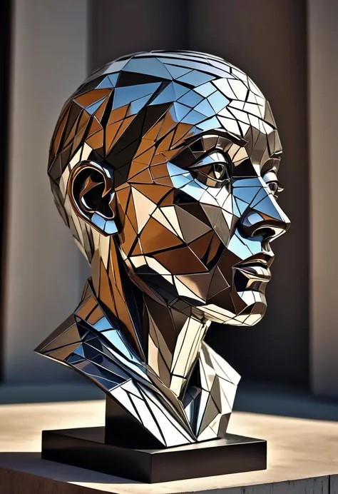 RAW Photography, a cubist sculpture representing unseen dimensionality, the sculpture consists of very textured yet reflective material, raytraced, 35mm photography, dslr, intricately detailed, masterpiece, award winning art, 8k, hdr