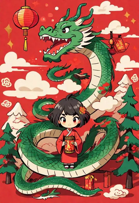 eastern dragon,chinese dragon,(solo:1.5),centered of dragon head,serpentine,majestic,pinetrees,paper lanterns,mountain,clouds,Spring Festival,Flat style,illustration,redbackground,high detail,high quality,completed
