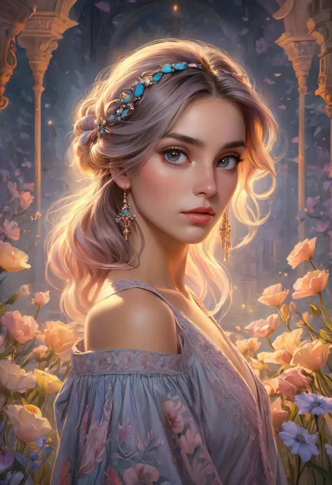 This is a realistic fantasy work of art, set in the castle's enchanted rose garden.. Generate a proud woman with a very detailed face dressed in the billowing folds of a stunning French silk ballgown. Cute face of a woman ((((very detailed, with realistic features and soft, Plump lips.)))) Ball gown decorated with ruffles., doors, and bows and delicately, but difficultly, Hand-embroidered bodice. The corset is decorated with a silk ribbon.. The woman's stunning eyes are beautifully detailed., with realistic shading, Multiple colors and high resolution. Woman in the Garden of Eternal Roses, each one beautifully formed and very detailed. These realistic roses have shimmering shades of pink., yellow, Orange, and shimmering red. Eternal Rose - A deep shade of red with shimmering pink undertones and tints.. Make sure, that the face of a woman, hair, and the eyes are perfect. Realism, high fantasy, A bizarre fantasy, fantasy storybook, fairytale fantasy, fantasy details, charming, Enchanting, 8 K, hires, computer graphics, digital painting, Unity, unreal engine, (((masterpiece))), difficult, elegant, very detailed, majestic, digital photography, Art, Ruan Jia and Greg Rutkowski, (masterpiece, finely detailed beautiful eyes: 1.2), HDR, realistic skin texture, (((1 woman))), (((One))), Include a very detailed face, very detailed face, and interesting background.