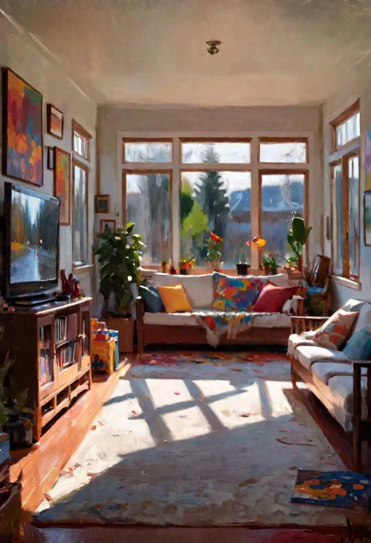 (impressionistic realism by csybgh) The interior of a sun room in a modern family home, a cozy living room with the tv on, toys are on the ground, books are open on the table, colorful art on the wals, white walls, comfortable couch, traces of a family life, beautiful sunlight shines through the window, doors open to a lush garden, perfect objects, masterpiece, intricate details, highly detailed, 8k, impasto painting, rough brushwork, palette knife painting, visible canvas texture