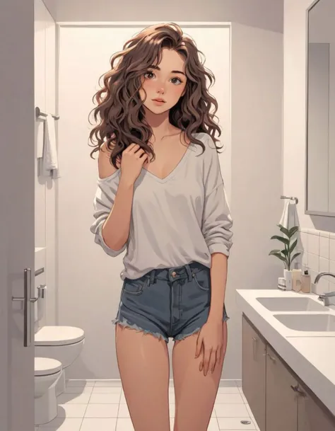 minimalist illustration, (in the bathroom:0.7), (wavy hair:0.86), (your sexy new roommate:1.14), (casual outfit:0.67), (lean:0.85), (8k:0.86)