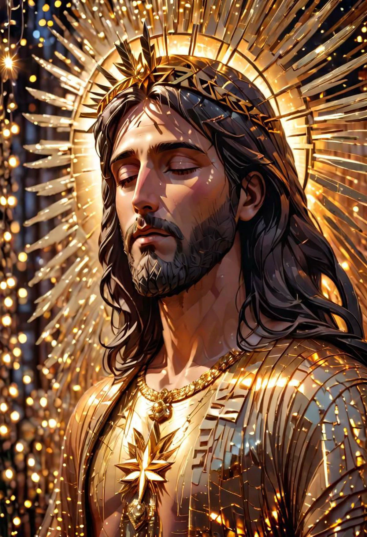 abstract portrait of jesus christ made out of pieces of gold that look like glass, gldnglry surrounded by shimmering fairy lights, he has his eyes closed, he looks calm and serene, he brings peace and hope, hdr, intricate details, masterpiece, highly detailed, 35mm photograph, kodachrome, dslr, sharp focus