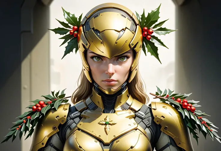 masterpiece,best quality,looking at the viewer, gold combat armor, wearing mistletoe wreath, iconic, symmetry, female mercenary, narrow angle lens, fast shutter speed, dynamic pose, intimidating, dutch angle