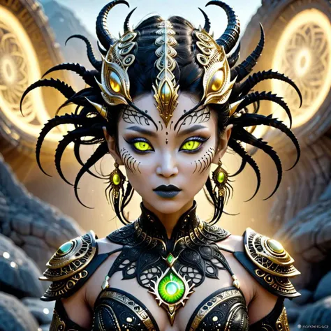 dark fantasy, Alien inuit reptillian from phobos, captivating, fine filigree.... Her accessories include high tech quantum neural lace and glowing gold plasma body sheath, eyes glowing, bokeh, lens flres, fisheye lens, perfect composition, beautiful detailed intricate insanely detailed octane render trending on artstation, 8 k artistic photography, photorealistic concept art, perfect light, masterpiece, oil on canvas
