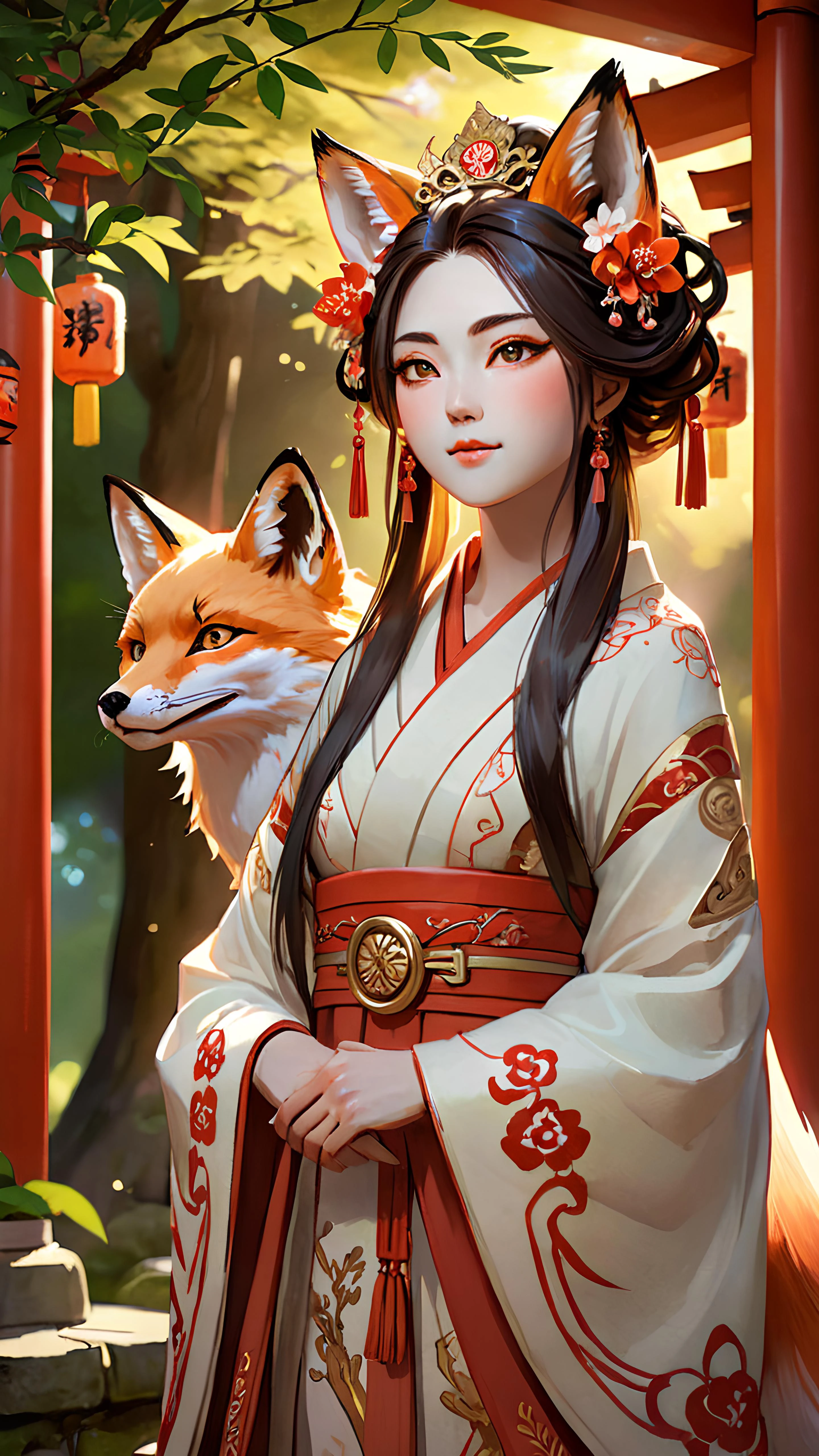 Elegant and cunning fox woman Empress. masterpiece, best quality, Inari Shrine, half smile, beautifully decorated with intricate details, inspired by Ross Tran, minimalistic, soft lighting, warm tones, depth of field effect, light and shadow spilling through trees, <lora:Aether_Watercolor_and_Ink_v1_SDXL_LoRA:.6>, <lora:animeoutlineV4_16:.8>, <lora:detailed_notrigger:1>