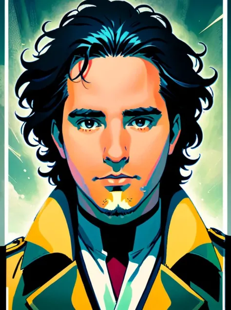 Anime style portrait of a male character with long, curly black hair, wearing a flowing long trench coat. The character should exude a sense of mystery and depth, with the trench coat adding to his enigmatic presence. The overall composition should be dynamic, with the coat perhaps billowing as if caught in a gentle breeze. Include details that suggest a storyline or character background, like subtle accessories or emblems that hint at his role or abilities, by artists renowned for their expressive character designs and engaging anime aesthetics, cinematic composition, 4k, 8k,