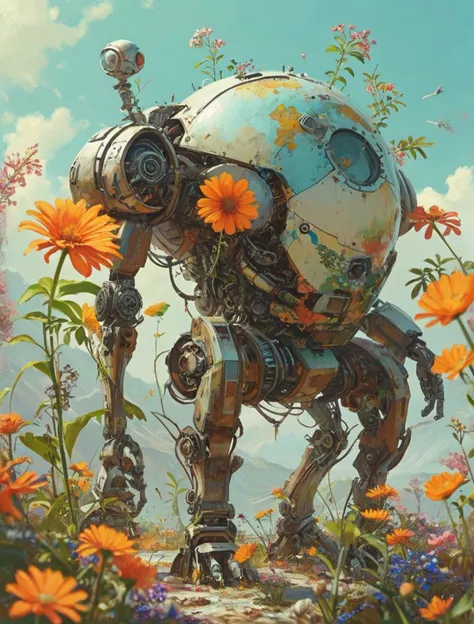 Illustration,Landskape,(Background: fictional planet,dominant species are flowers, merged with mechanical parts),(Foreground: character not same how we know),perfect details,high quality,<lora:add-detail-xl:0.5>,misc,all,<lora:MJ52:1>,the,and,with,shot,beautiful,