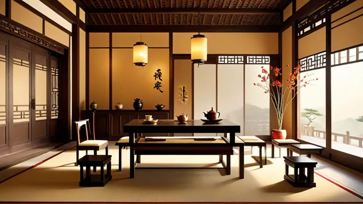 The minimalist aesthetic style teahouse of the Song Dynasty: simple tea table, classical chairs with literati sitting on them, hanging paintings, arranging flowers, incense, and tasting tea. Point light sources create a romantic lighting atmosphere. 8K, HD photo quality. , <lora:FilmVelvia2:1>