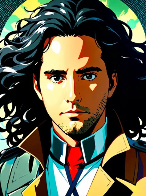 Anime style portrait of a male character with long, curly black hair, wearing a flowing long trench coat. The character should exude a sense of mystery and depth, with the trench coat adding to his enigmatic presence. The overall composition should be dynamic, with the coat perhaps billowing as if caught in a gentle breeze. Include details that suggest a storyline or character background, like subtle accessories or emblems that hint at his role or abilities, by artists renowned for their expressive character designs and engaging anime aesthetics, cinematic composition, 4k, 8k,