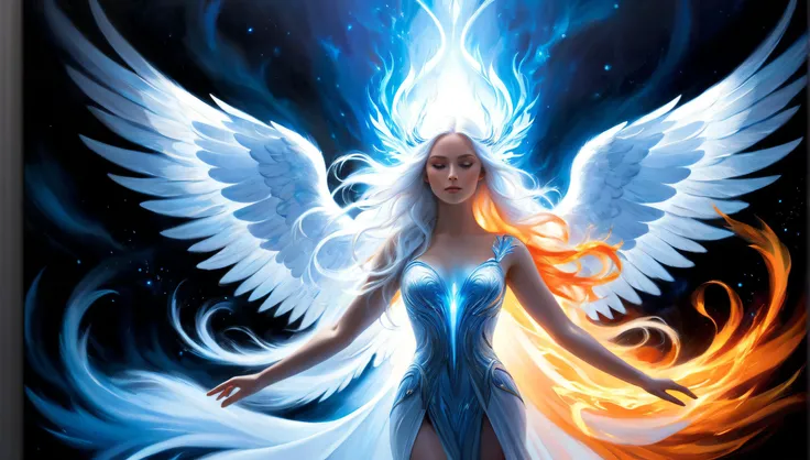 masterpiece, best quality, fantasy art, angelic figure, high resolution, detailed, high contrast, glowing effects, ethereal, long white hair, large wings, fire and ice, contrasting elements, dynamic composition, vibrant colors, blue and orange flames, mystical, captivating, serene atmosphere, outstretched arms, soft lighting, intricate details, expressive, modern, stylish, atmospheric, magical, enchanting, surreal, otherworldly, powerful, dramatic, elegant, luminous
<lora:add-detail-xl:1>