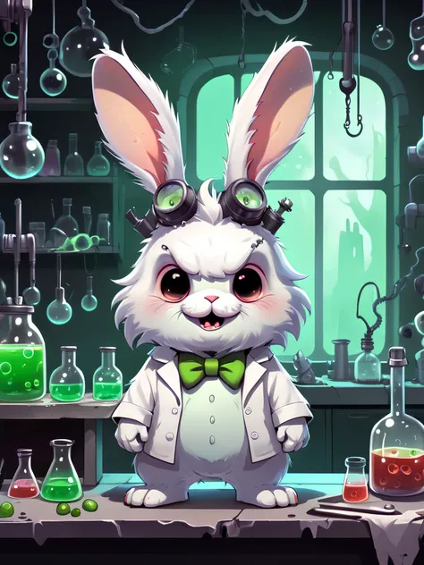 concept art, kawaii fantasy Frankenstein's monster bunny, fluffy, hazy mad scientist's lab background, <lora:detailed_notrigger:1>