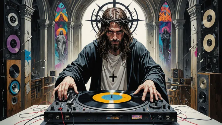 jesus on a (cross) dropping a fat beat on a vinyl record, dj console set, thorn [crown],
mysterious silhouette cathedral, by Minjae Lee, Carne Griffiths, Emily Kell, Geoffroy Thoorens, Aaron Horkey, Jordan Grimmer, Greg Rutkowski, amazing depth, masterwork, surreal, geometric patterns, intricately detailed, bokeh, perfect balanced, deep fine borders, artistic photorealism , smooth, great masterwork by head of prompt engineering <lora:add-detail-xl:2>,
<lora:perfect hands 2:0.7> perfect hands