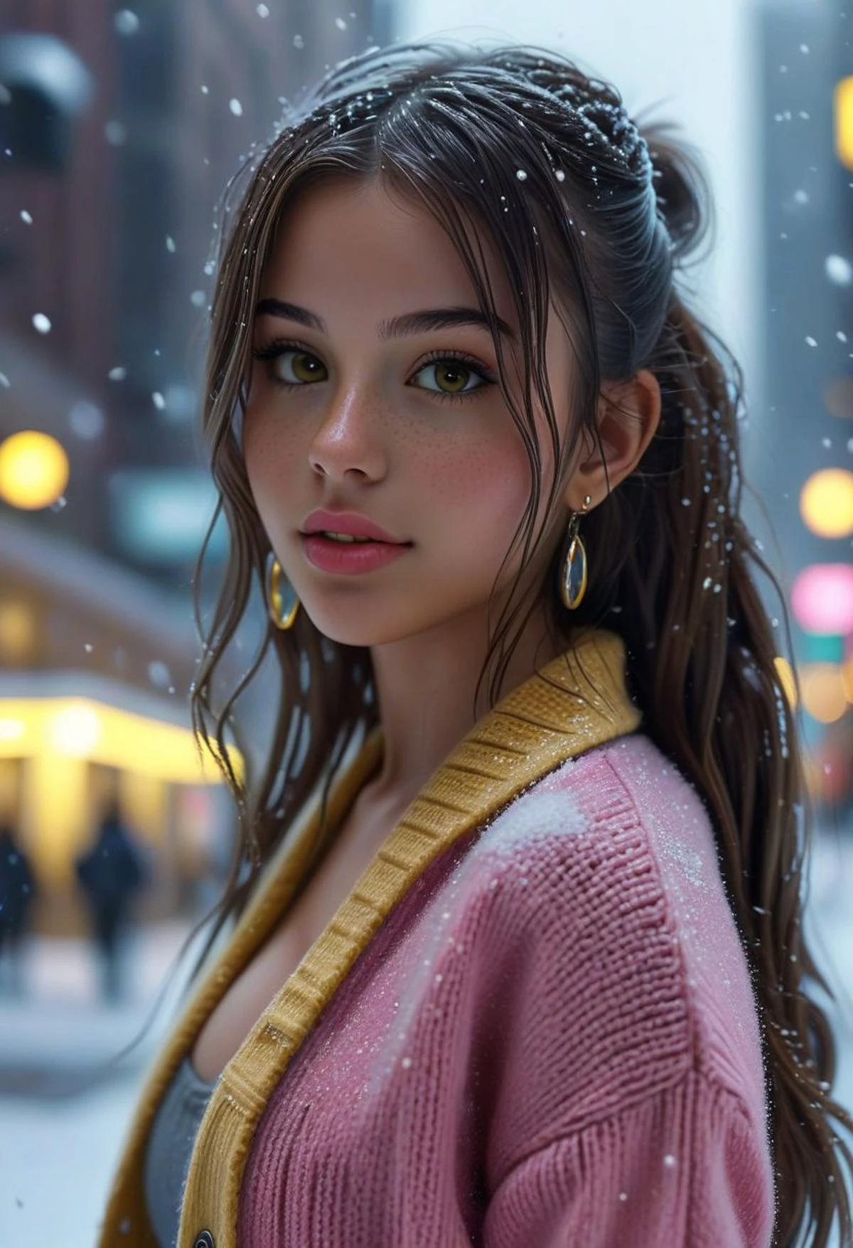 40% desaturated colours, realistic photo, photorealistic, hyper realistic, intricate details, (depth of field,bokeh:1.2), full body image, beautiful face, 19yo cute female from venezuela, skinny waist, (bimbostyle:0.6), cute girl, adorable, long wet hair, innocent, perfect face, beautiful face, glowing brown eyes, freckles on face, plump lips, shy smile, earrings, school uniform (pink shirt, yellow cardigan),
walking in street, New York City,
Snowy season environment with moonlight from behind, well lit character, diffused lighting, (8k) (HDR), (wide angle:1.4), (Wallpaper Fusion), no watermark