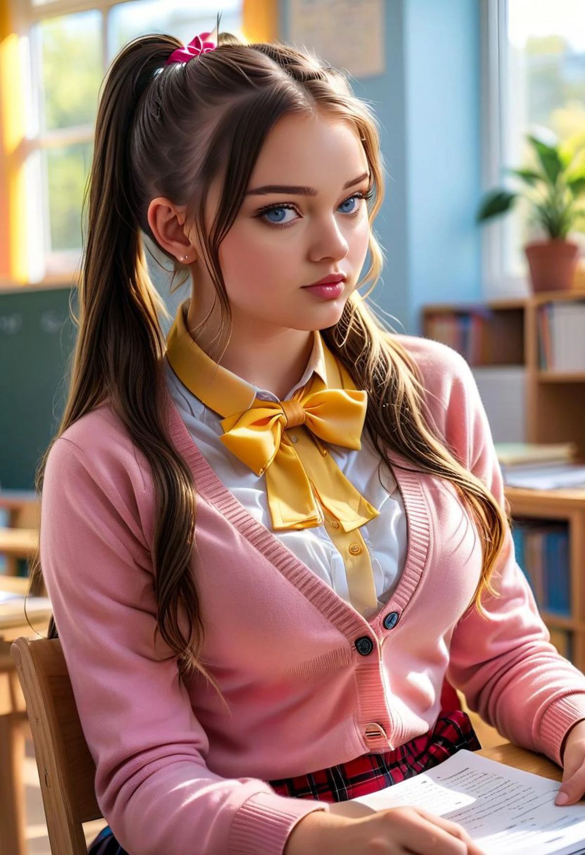 eye catching, raw photo, 18yo sexy student Summer, long hair, ponytails, blue eyes, busty, (bimbostyle:0.7), sunny weather,
school uniform, red bowtie, pink shirt, yellow cardigan,
sit on chair in classroom, reading notes, books, table, sunny weather, highly detailed, soft lighting, dramatic shadows, highly detailed, ((detailed skin)) , OverallDetailXL