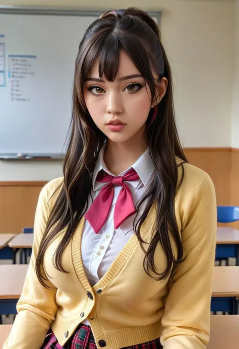 eye catching, high resolution, ultra realistic details, sharp image,  (bimbostyle:0.7), high skin texture details, full body image, beautiful face, extremely curvy busty female from venezuela, huge breasts, skinny waist, perfect proportions, beautiful eyes, perfect fingers, straight long hair, 
akiyama mizuki, school uniform, red bowtie, pink shirt, yellow cardigan,
sit in classroom, drab, OverallDetailXL