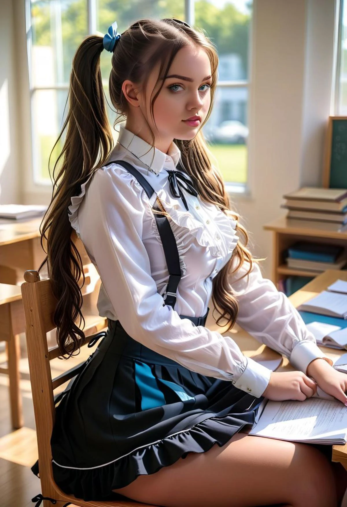 eye catching, raw photo, 18yo sexy student Summer, long hair, ponytails, blue eyes, busty, (bimbostyle:0.7), sunny weather,
frilled shirt, suspender skirt,
sit on chair in classroom, reading notes, books, table, sunny weather, highly detailed, soft lighting, dramatic shadows, highly detailed, ((detailed skin)) , OverallDetailXL