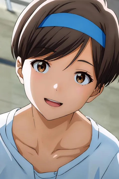 (masterpiece, best quality:1.2), highres, 1girl, solo, head tilt, smile, happy, open mouth, upper teeth,
Chinatsu_Nishio_V1, brown hair, short hair, swept bangs, brown eyes, blue headband, blue hairband,
white shirt:1, collarbone, leaning forward,
from above, facing viewer, looking at viewer, portrait, close-up face,
<lora:add_detail_CyberAlchemist:0.4>, <lora:GoodHands-beta2:0.8>, <lora:ChinatsuNishioV1-000010:1>