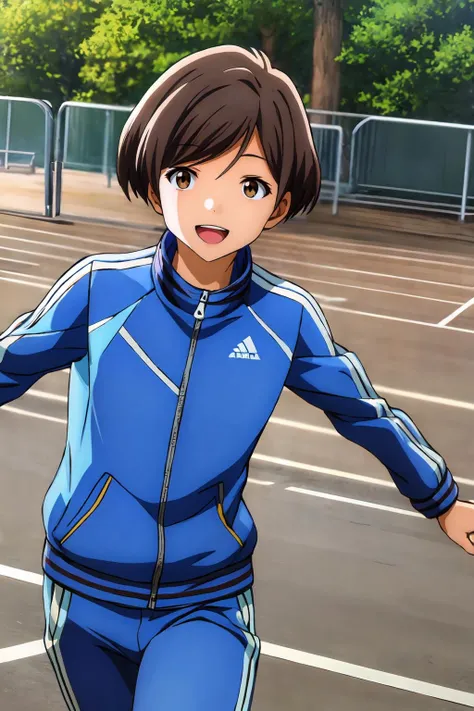 (masterpiece, best quality:1.2), highres, 1girl, solo, smile, open mouth, upper teeth, happy, 
Chinatsu_Nishio_V1, brown hair, short hair, swept bangs, brown eyes, 
BREAK blue jacket, track jacket, blue pants, track pants, sneakers, 
standing, dynamic pose, 
outdoors, track and field, 
<lora:add_detail_CyberAlchemist:0.4>, <lora:GoodHands-beta2:0.8>, <lora:ChinatsuNishioV1-000010:1>