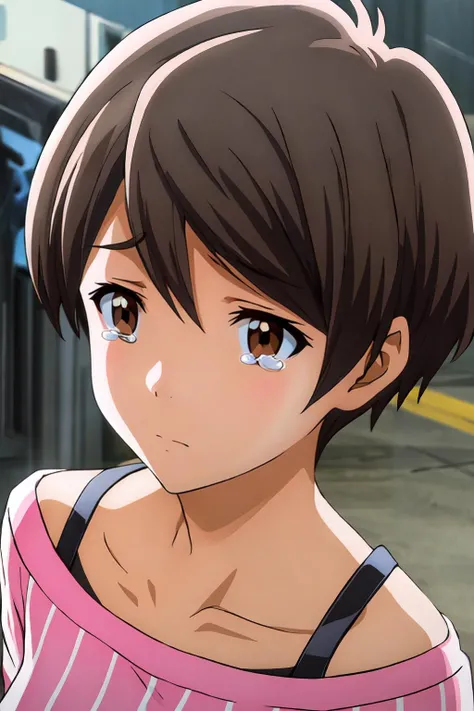 (masterpiece, best quality:1.2), highres, 1girl, solo, sad, tears,
Chinatsu_Nishio_V1, brown hair, short hair, swept bangs, brown eyes,
BREAK pink shirt, vertical-striped shirt, long sleeves, collarbone, (black bra strap:1.1),
outdoors, looking at viewer, facing viewer, portrait, close-up face,
<lora:add_detail_CyberAlchemist:0.4>, <lora:GoodHands-beta2:0.8>, <lora:ChinatsuNishioV1-000010:1>
